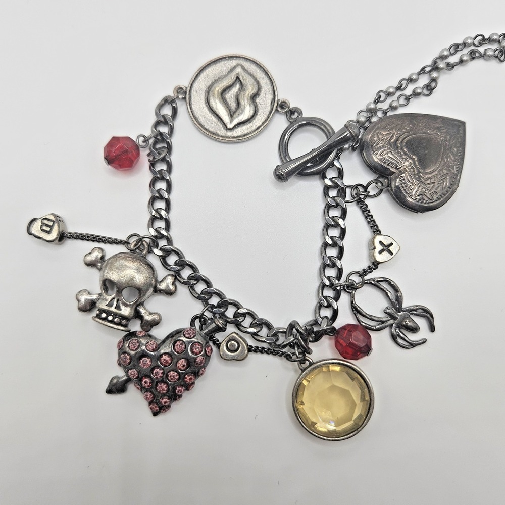 Betsey Johnson Goth Bracelet Skull Spider Heart Locket Gunmetal Gray 6.75"